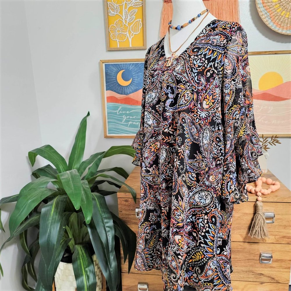 Calvin Klein Brand Dress Black Multi Paisley Print Women's Size 14 - Picture 2 of 12